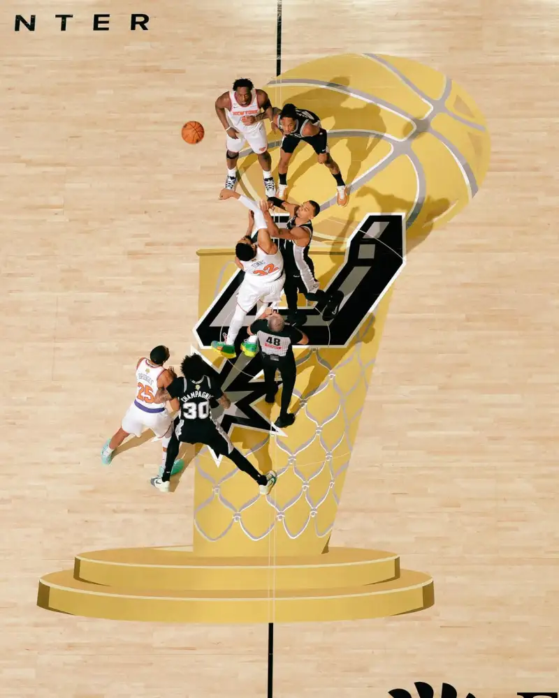 咪咕视频电脑版-NBA官方晒本场比赛球场中央跳球鸟瞰图：总决赛正在进行中